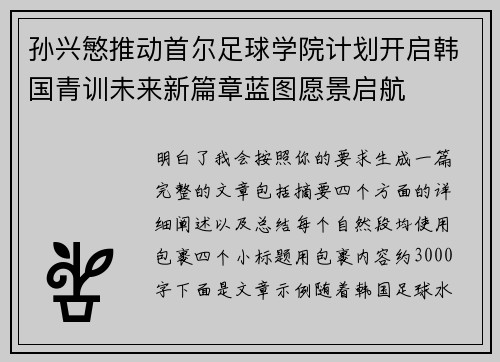 孙兴慜推动首尔足球学院计划开启韩国青训未来新篇章蓝图愿景启航